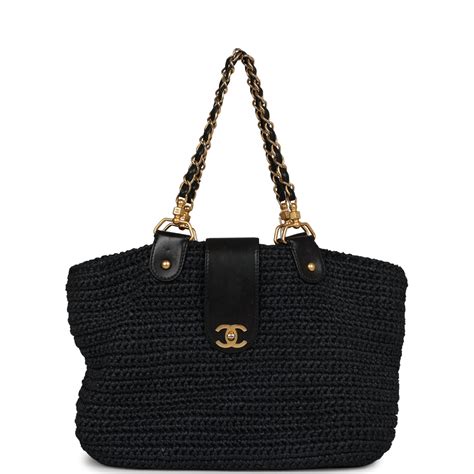 Vintage Chanel Straw Tote Black Raffia Gold Hardware